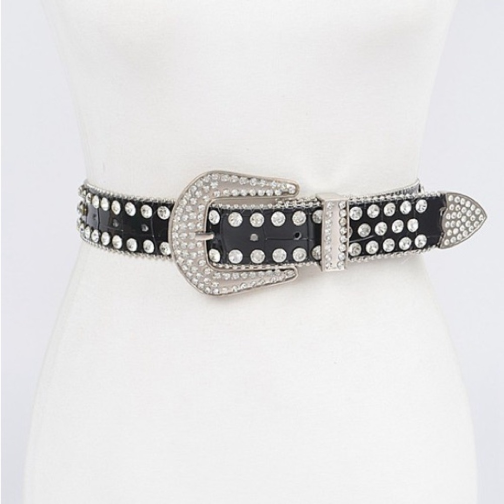 🟠 69A. Rhinestone Silver Metal Black Belt
